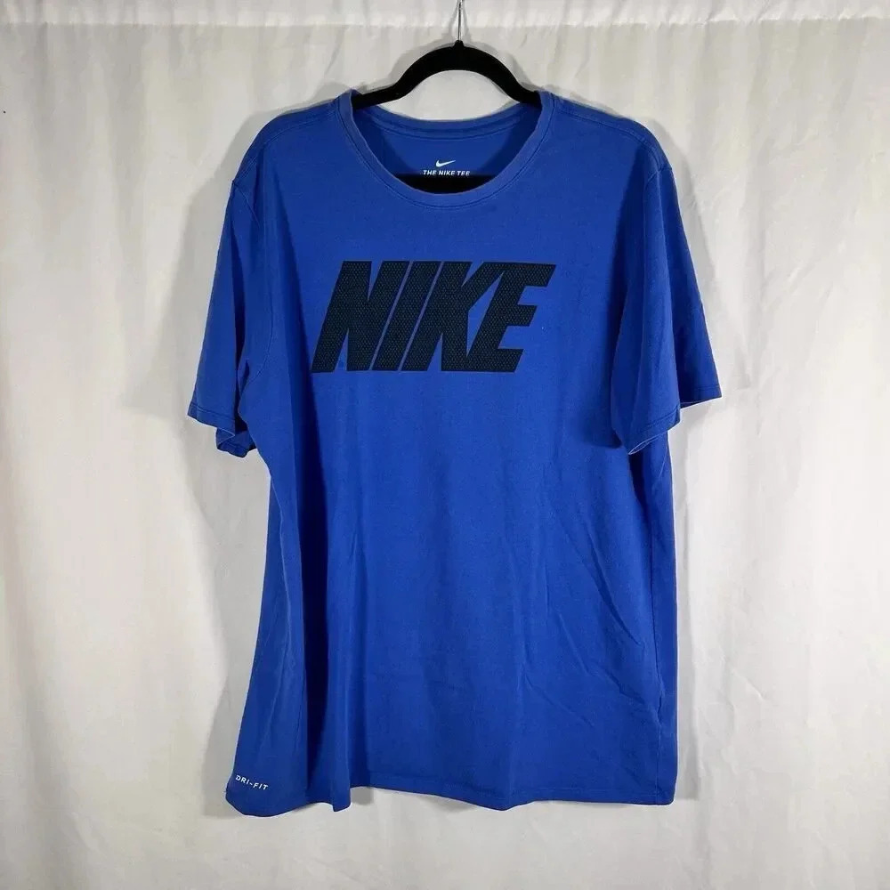 NIKE Shirt Men XL Blue Graphic Print Short Sleeve Crew Neck Athletic Cut Dri Fit